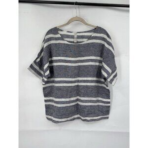 Studio 412 Striped 100% Linen Boxy Top Women Medium Grey Lagenlook Minimalist